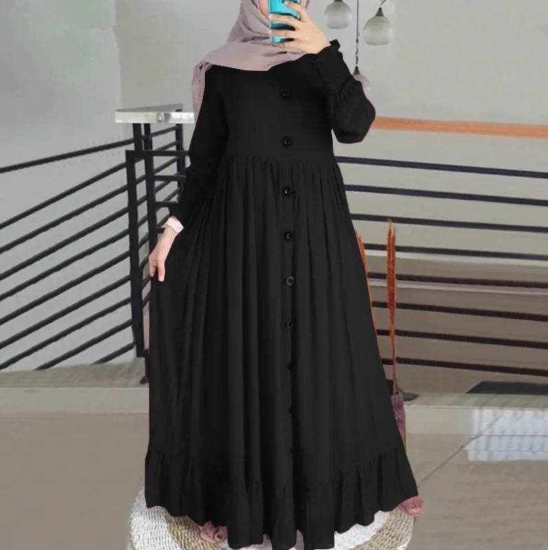 Retro Loose Large Round Neck Ruffle Dress, Arab Robe, Cotton and Hemp Art, Muslim Luxury Fashion, Spring and Autumn, New