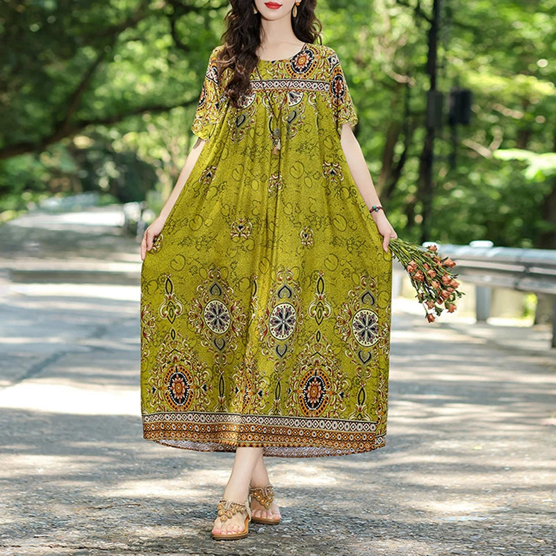 New Fashion Hot Summer Dresses For Women 2025 Casual Flower Print Floral Short Sleeve Dress Vintage Dress Loose Women Clothing