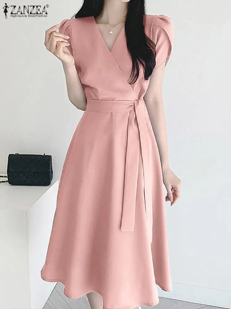 Women Fashion OL Work Sundress ZANZEA Elegant Summer Short Sleeve Dress Casual Solid A Line Vestido Kaftan Sarafans Robe Femme