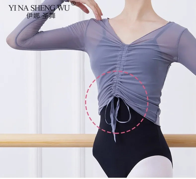 Ballet Adult Gymnastics Dance Top Long Sleeve Mesh Tops Women Transparent V Neck Drawstring Dancewear Practice Tops Costumes