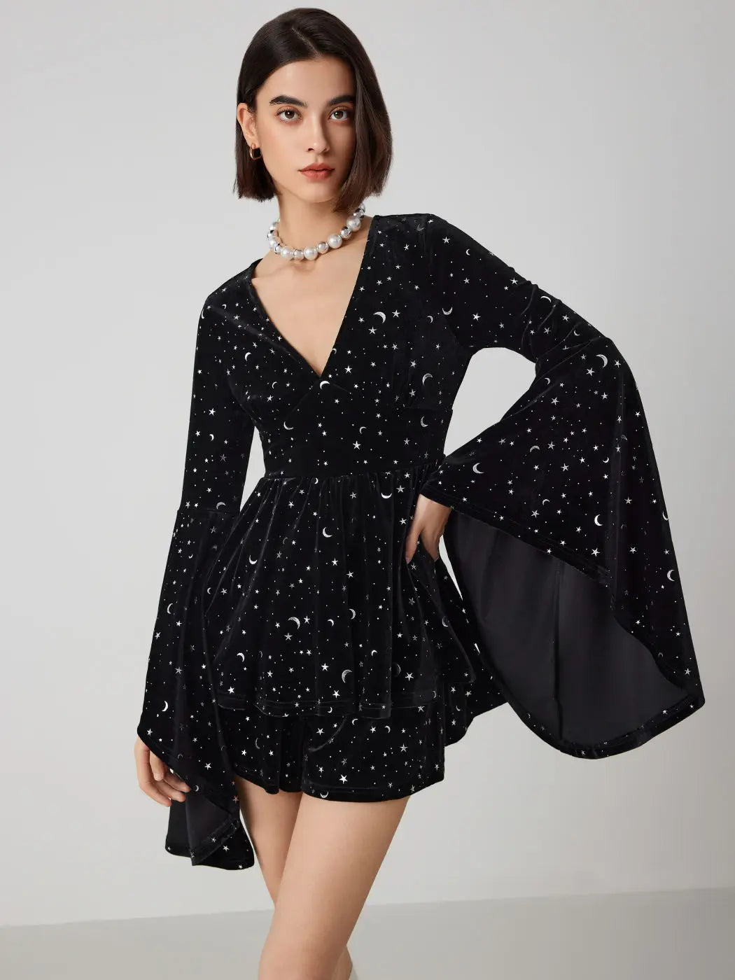 Women's Velvet V-neck Star & Moon  Bell Sleeve Dress