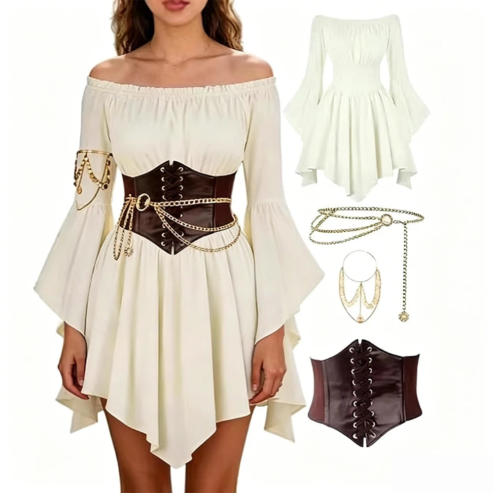 Women's Dress Vintage European-Style Off-The-Shoulder Bell-Sleeve Medieval Renaissance Court-Style Dresses Halloween Costume