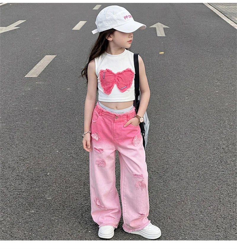 Teenage Girls Clothing Sets Hot Deals Bow Crop Top+Hole Wide Leg Jeans with Butterfly 2Pcs Fashion Gradient Child Clothes Suits
