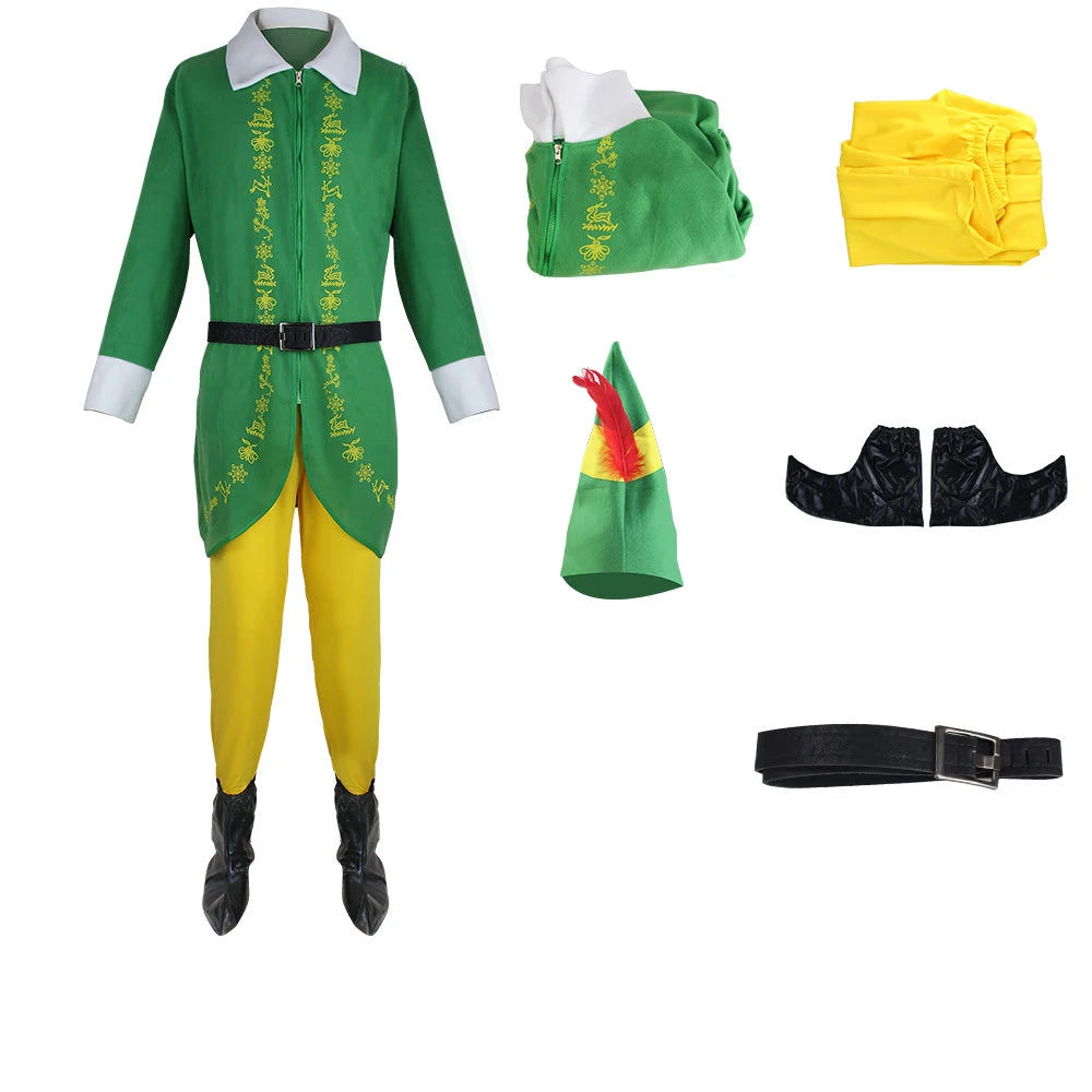 Christmas Elf Costume Christmas Buddy Santa Claus Green Suit Hat Coat Pants Men Outfit Xmas New Year Adult Clothes Set ﻿