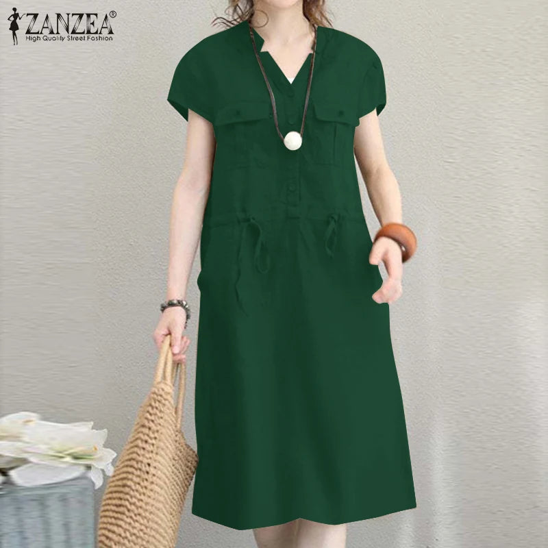 Summer Fashion Short Sleeve Dress ZANZEA Women Casual Drawstring Waist Vestidos Knee-length Robe Femme Elegant OL Work Sundress