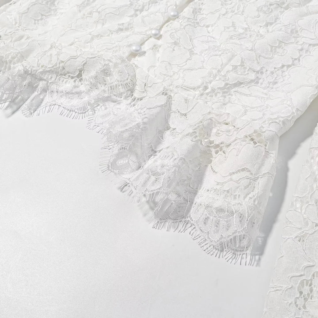 Elegant Solid Lace Ruffles Maxi Skirt Set Women Vintage Single Breasted Flared Sleeve V-neck Slim Blouse Suit Lady Party Outfits
