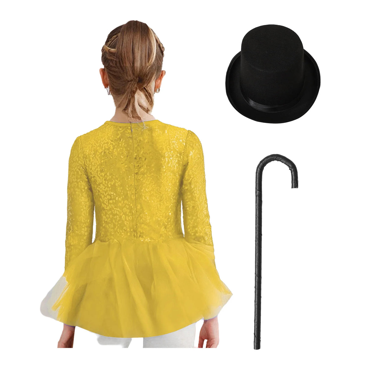 Kids Girls Majorette Leotards Showman Jazz Dance Costume Magician Outfit Tuxedos Bodysuit with Hat And Crutch Sequins Leotard