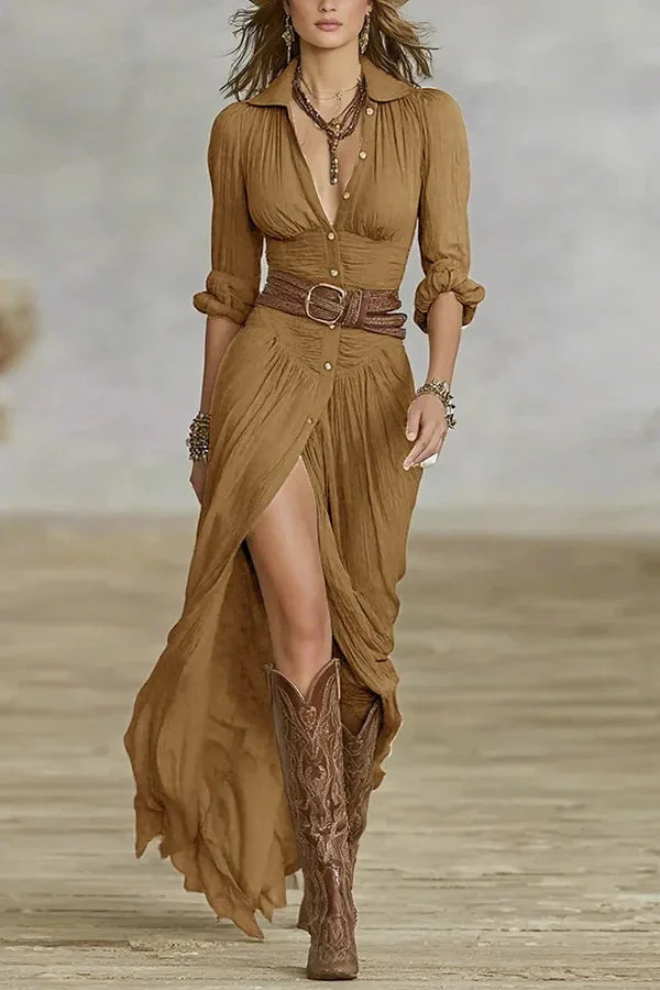 Sexy Fashion Women's Dress New French Retro V-neck Waist Pleated Loose Slit Temperament Long Sleeve Dresses For Women Robe Femal