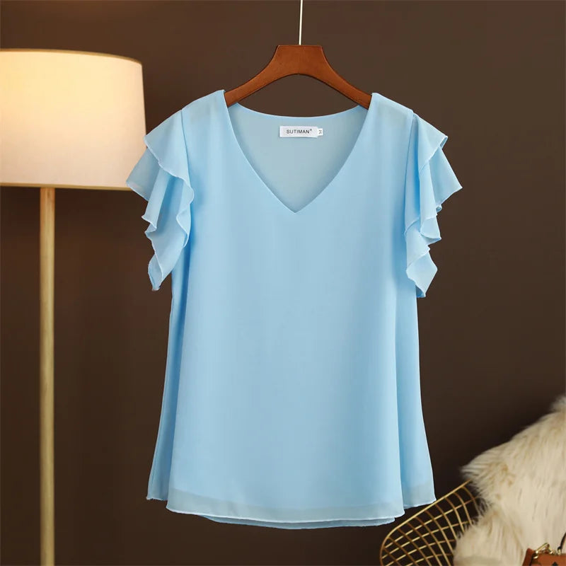 2026 Fashion Summer Dress Women Blouse Top New Short Sleeved V-neck Chiffon T-shirt Women's Loose and Versatile Small Shirt
