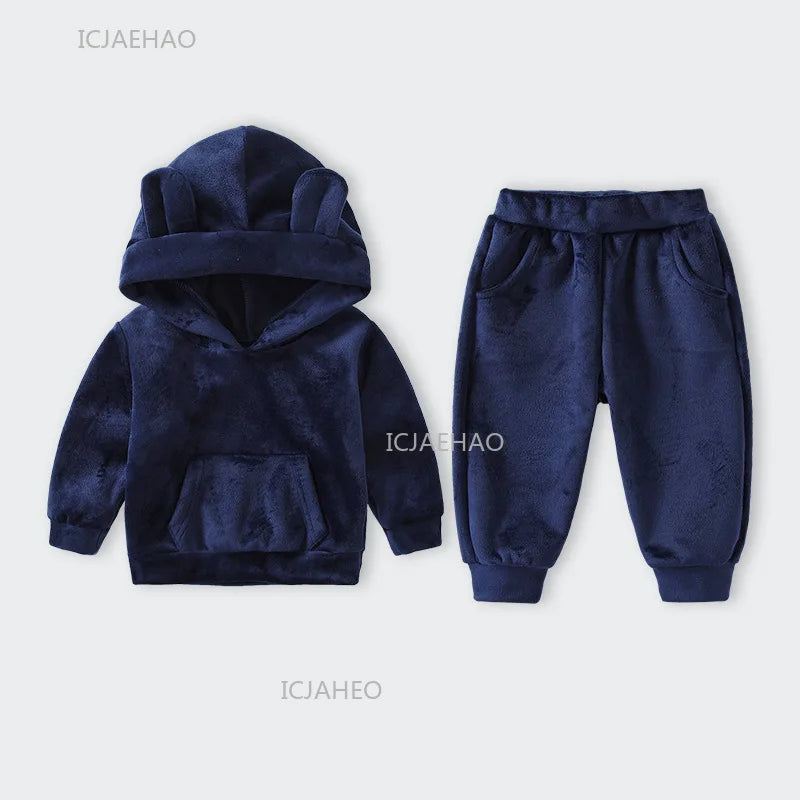 Boys Girls Velvet Warm Long Sleeve Hooded Outfit Set Children Clothing Casual Tracksuit Outdoor Wear Autumn Winter Kids Clothes