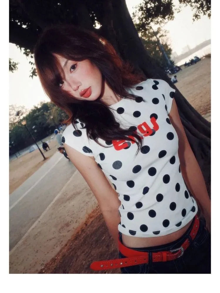 American Vintage Polka Dot Print Ropa Mujer New All-match Slim Exquisite T-shirt Hop Personalized Streetwear Shirts