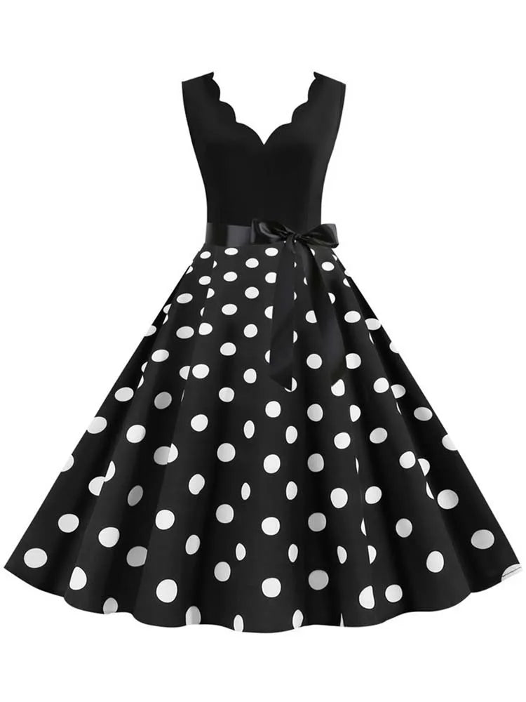 Women Dot Print Dress Summer Sexy V-neck Sleeveless Elegant Vintgae Party Dress Vestidos  S~3XL Robe Femme