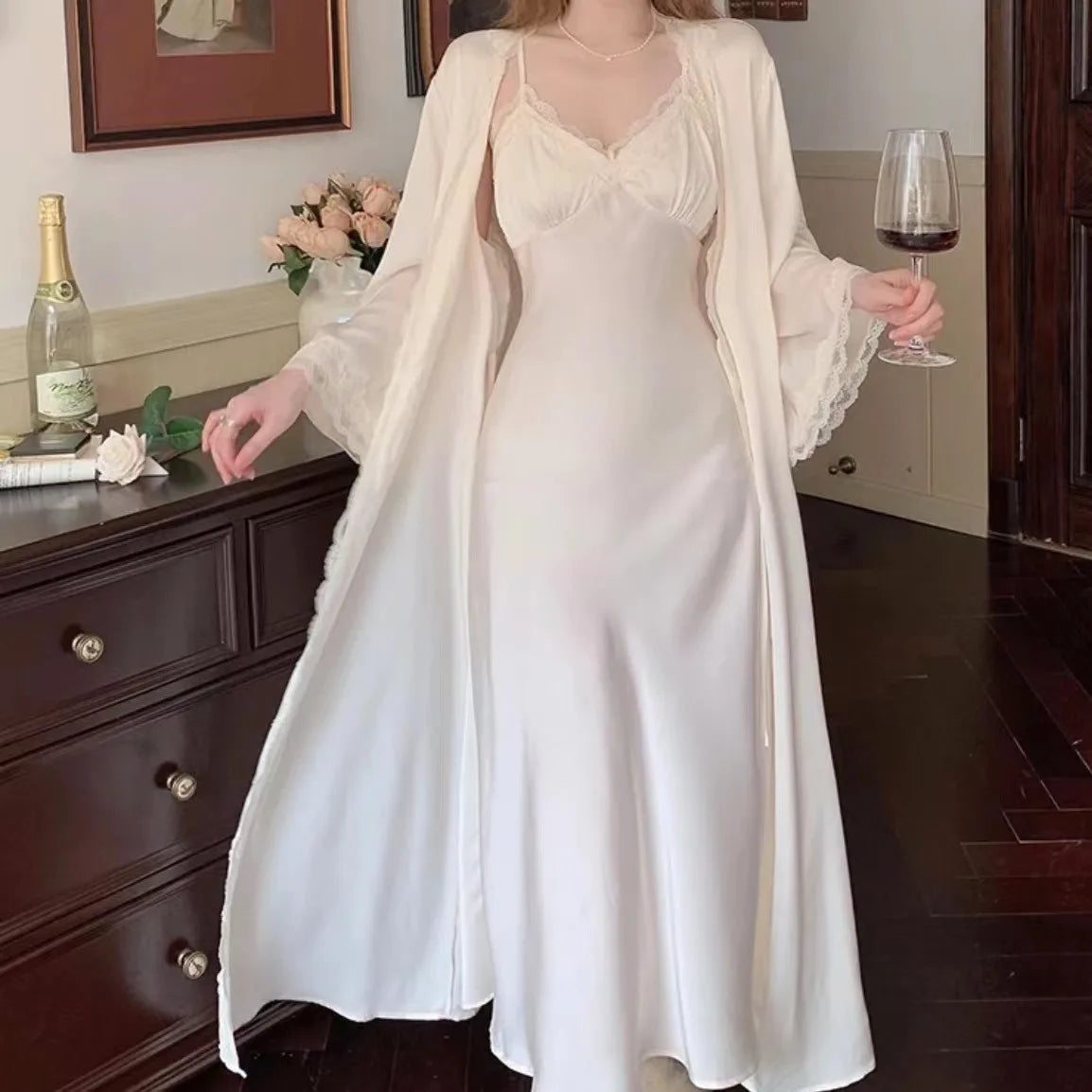Princess Style Robe Set 2Pcs Vestidos De Novia Nightgown Sexy Lace Patchwork Nightdress Chemise Sleepwear Long Home Dress