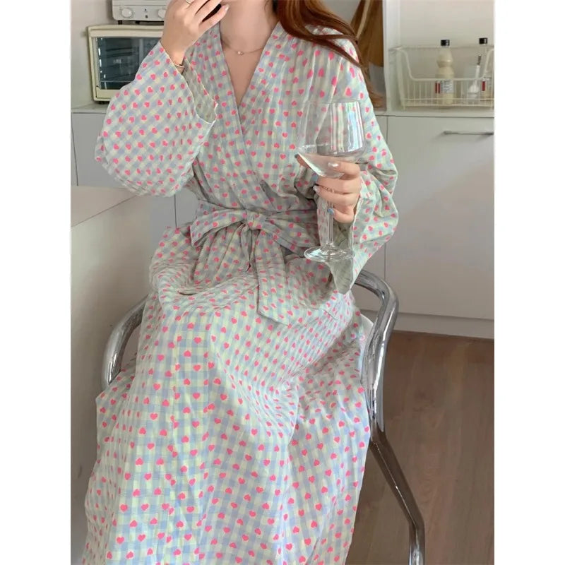 Women's Robe Bathrobe Bathing Love Plaid Loose Long Sleeve Long Kimono Pajamas V-neck Lace Up Trousers Nightgow Sexy Ladies Girl