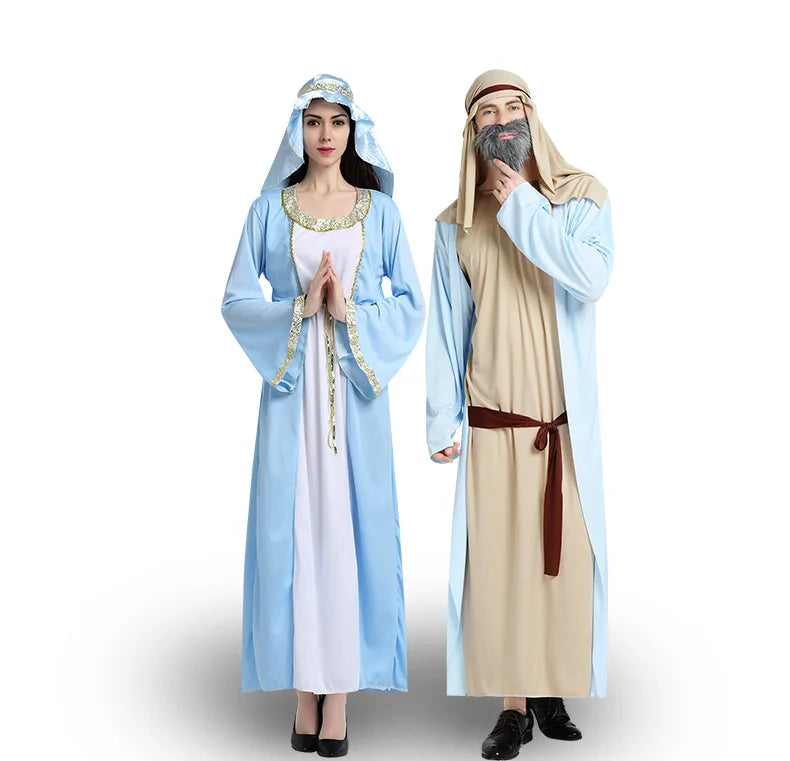 Women Men's Chief Arab Girl Arabian Costume Blue White Robe Halloween Cosplay Carnival Fancy Dressed Up