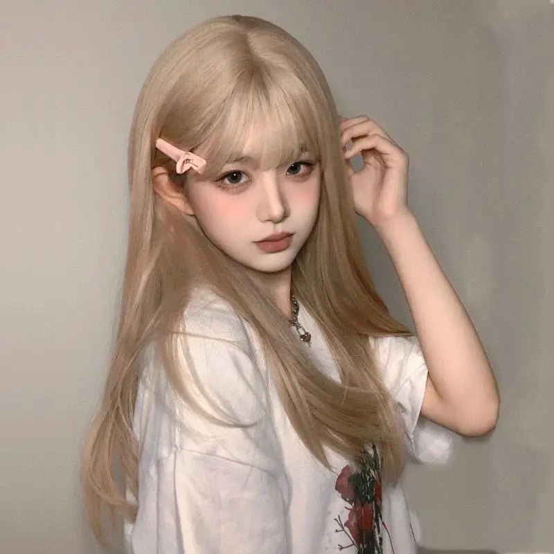 Synthetic Wig for Women: Blonde Long Hair, Female Group Hairstyle, Medium-Length Natural Full Headpiece