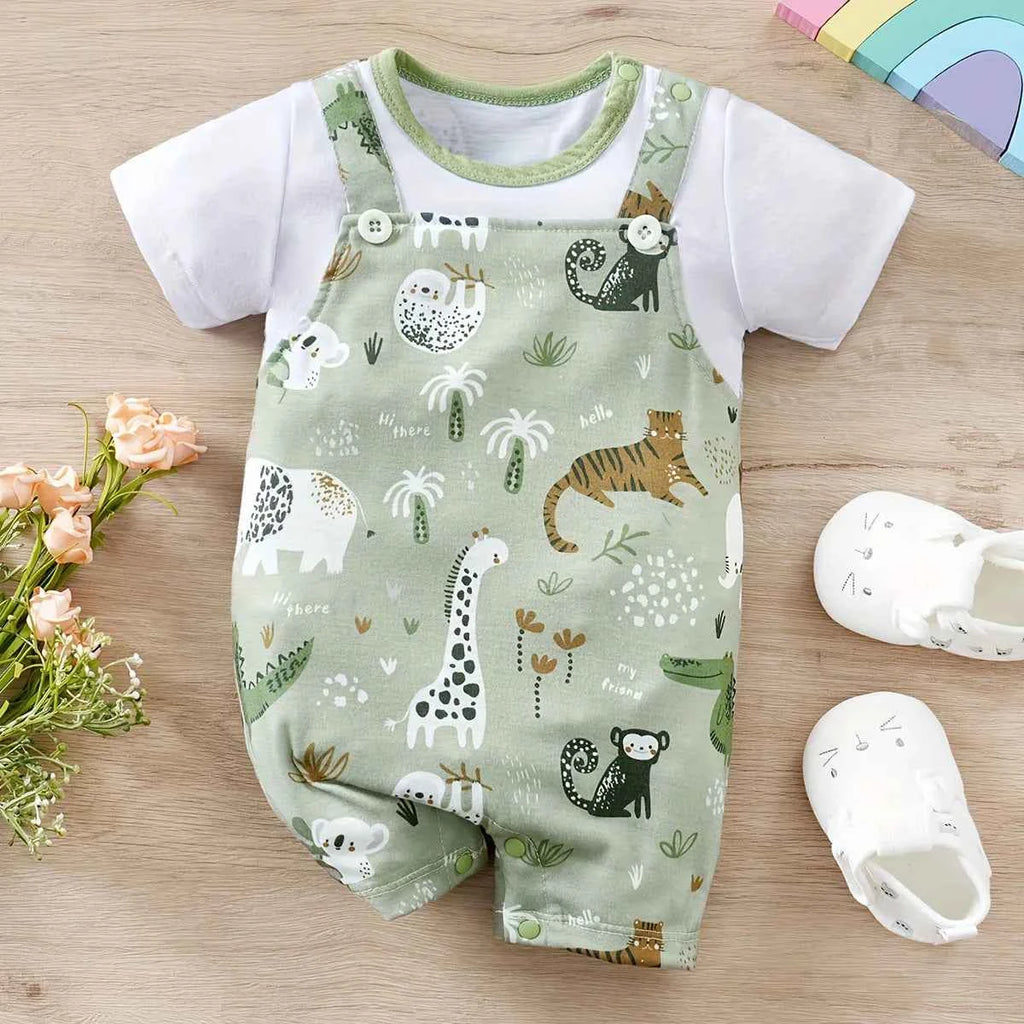 IURNXB Adorable Infant Zoo Animal Print Romper for Boy Newborn Baby Faux Two-Piece Bodysuit with Short Sleeves Casual Play Wear
