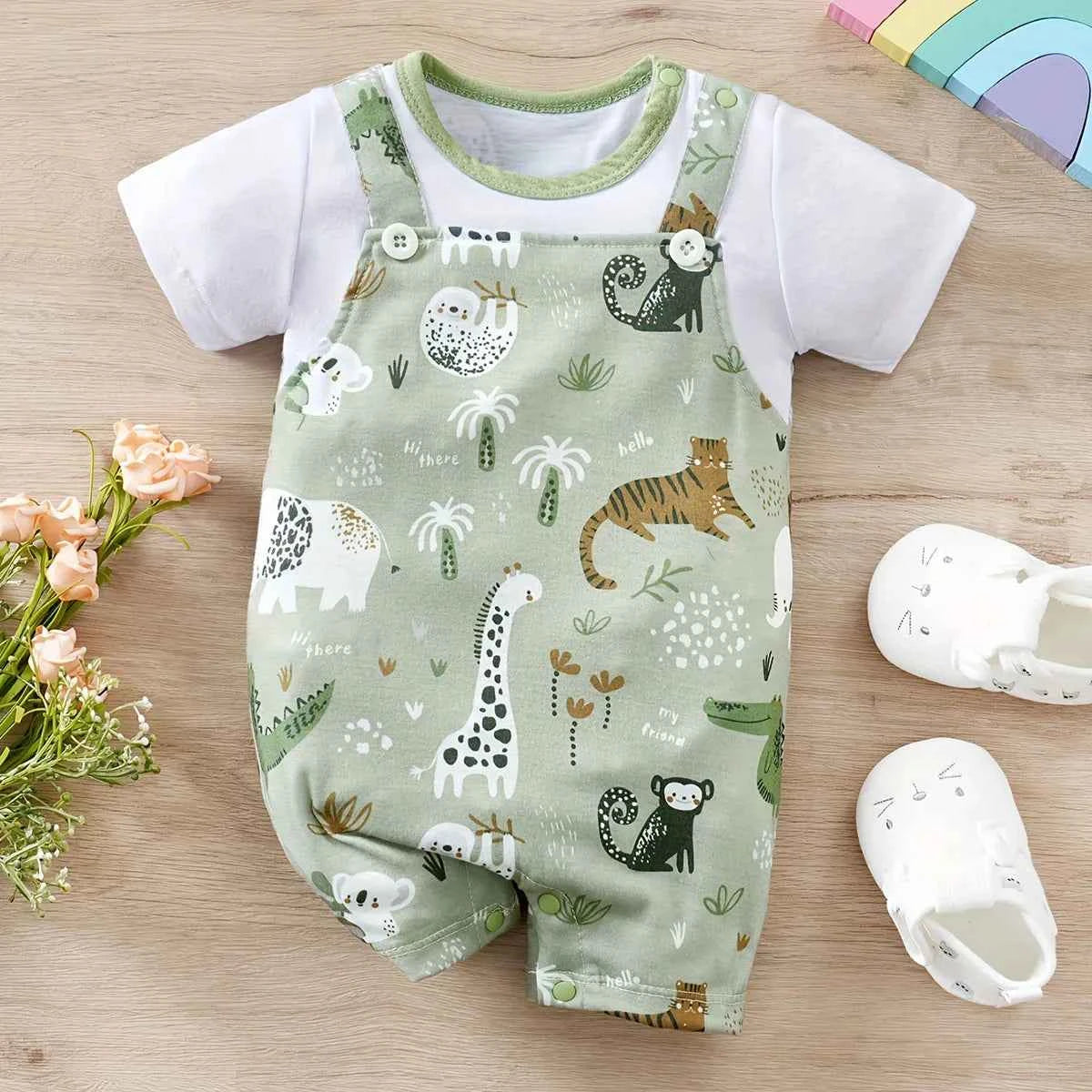 IURNXB Adorable Infant Zoo Animal Print Romper for Boy Newborn Baby Faux Two-Piece Bodysuit with Short Sleeves Casual Play Wear