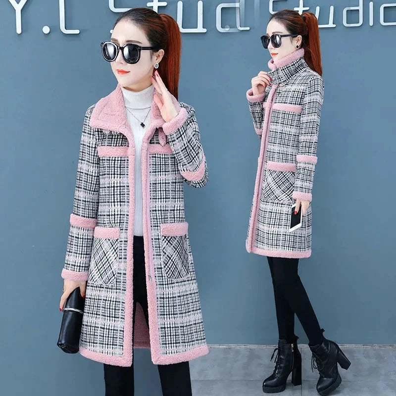Manteau Long Laine Femme À Carreaux – Grande Taille Chaud Hiver Slim