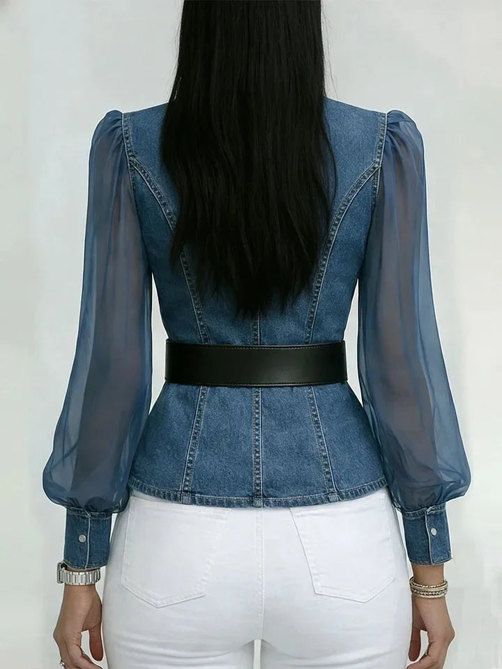 2026 New Women's Denim Express Summer and Autumn New V-Neck Lace Long Sleeve Top