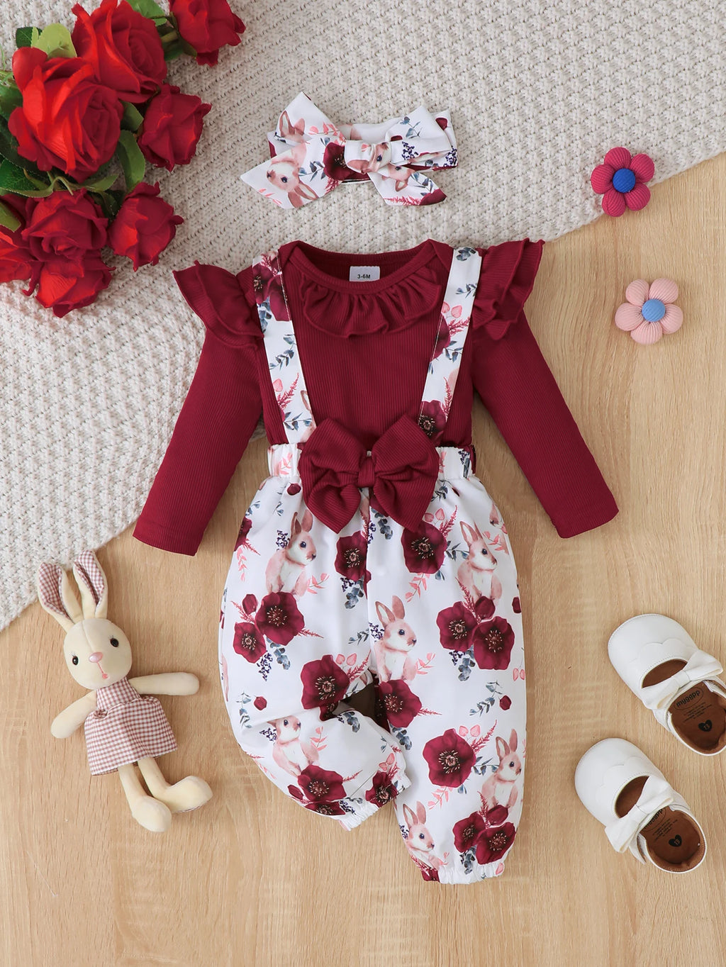 3Pcs Baby Girl Set Flying Sleeve Pit Strip jumpsuit+Printed Strap Pants+Headband Set 0-24 Months Baby Girl Spring Autumn Set