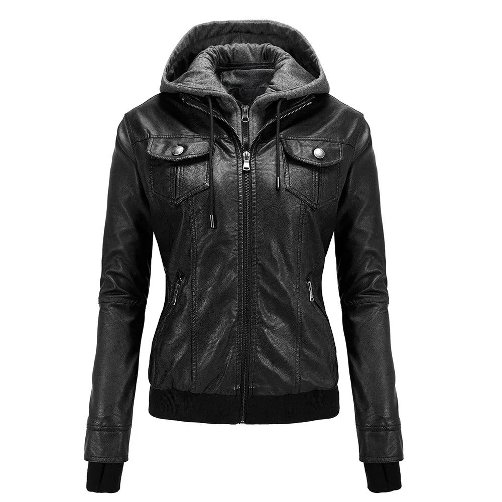 Veste Moto Femme Cuir PU – Capuche Amovible Slim Noir Streetwear