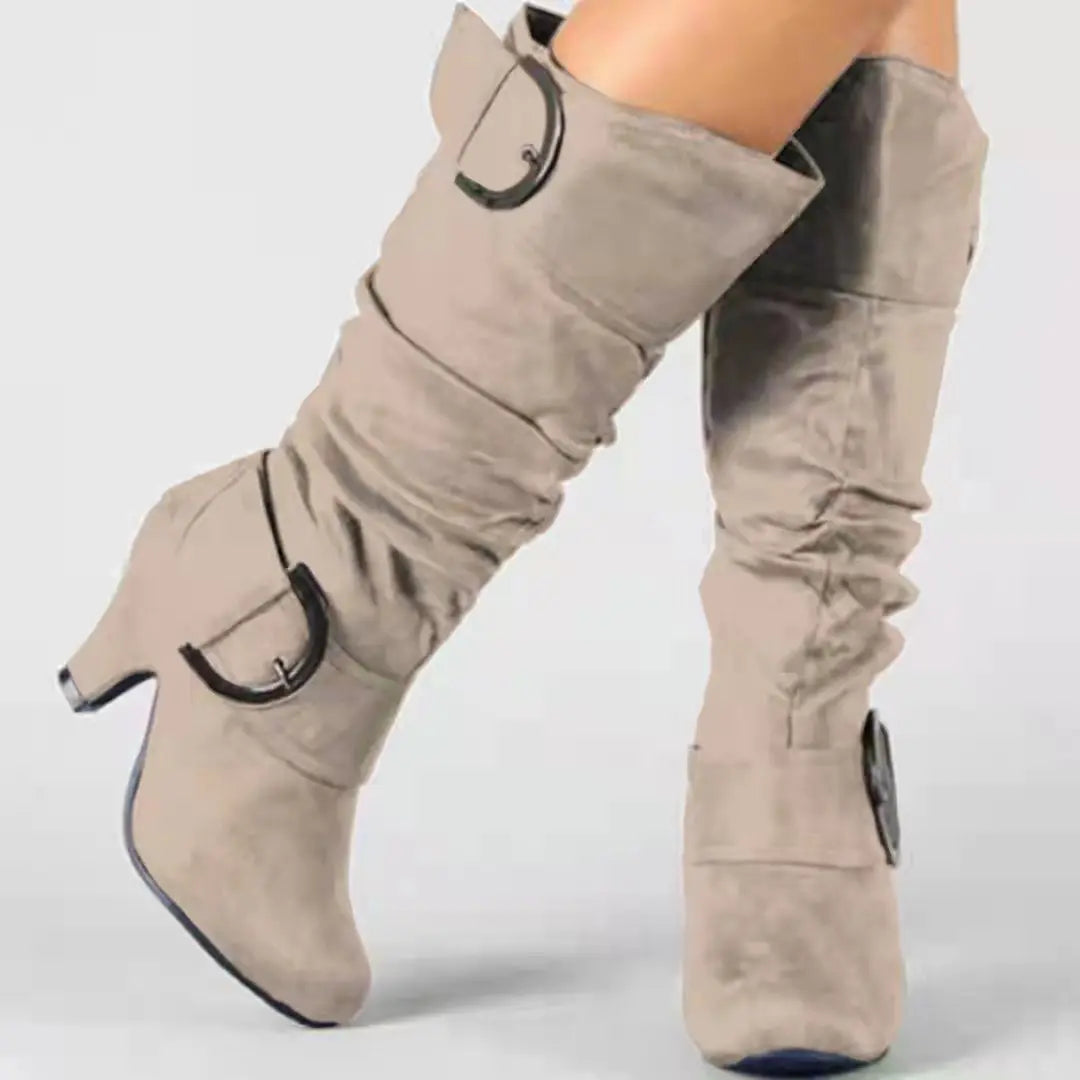 Bottes Cavalier Femme Velours Givré – Talon Aiguille Boucle Printemps Automne