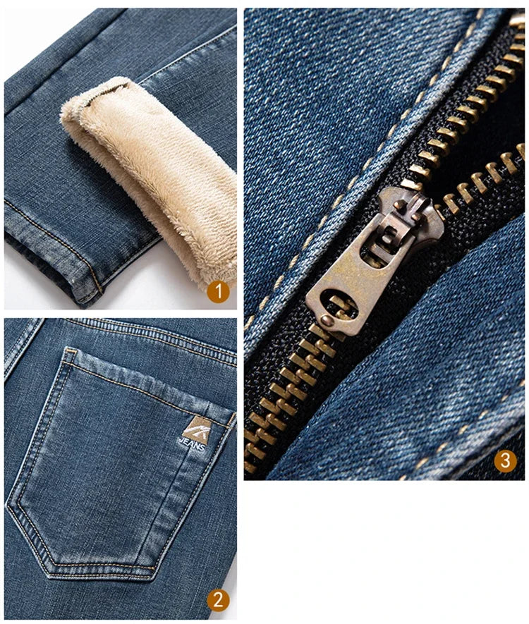 2025 Winter New Men's Fleece Thickened Jeans Retro Blue Hot Straight Casual Pants Stretch Premium Velvet Warm Denim Pants