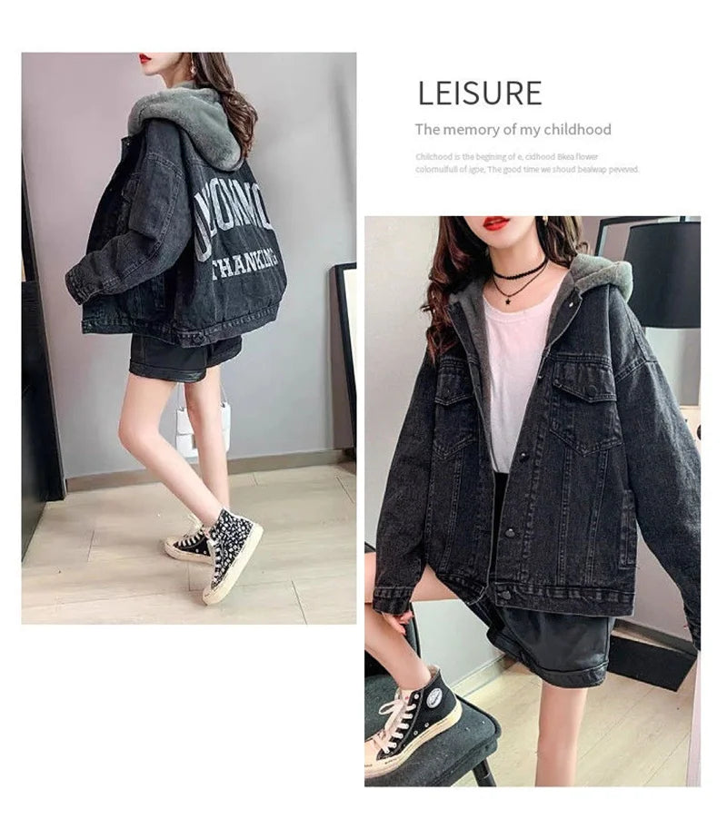 Plus Velvet Thickening 2022 Winter Denim Jacket Women's Hooded Embroidery Loose Warm Cotton Clothes Cotton Clothes Ins Tide W228