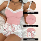Women's Two-Piece Summer Ribbed Knitted Flower Print Lace Trimmed