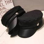 Fashion Vintage Beret Unisex PU Leather Caps Spring Autumn Sailor Hats for Women Men Black Flat Top Captain Cap Travel Cadet Hat