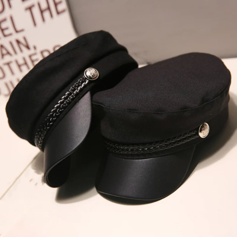 Fashion Vintage Beret Unisex PU Leather Caps Spring Autumn Sailor Hats for Women Men Black Flat Top Captain Cap Travel Cadet Hat