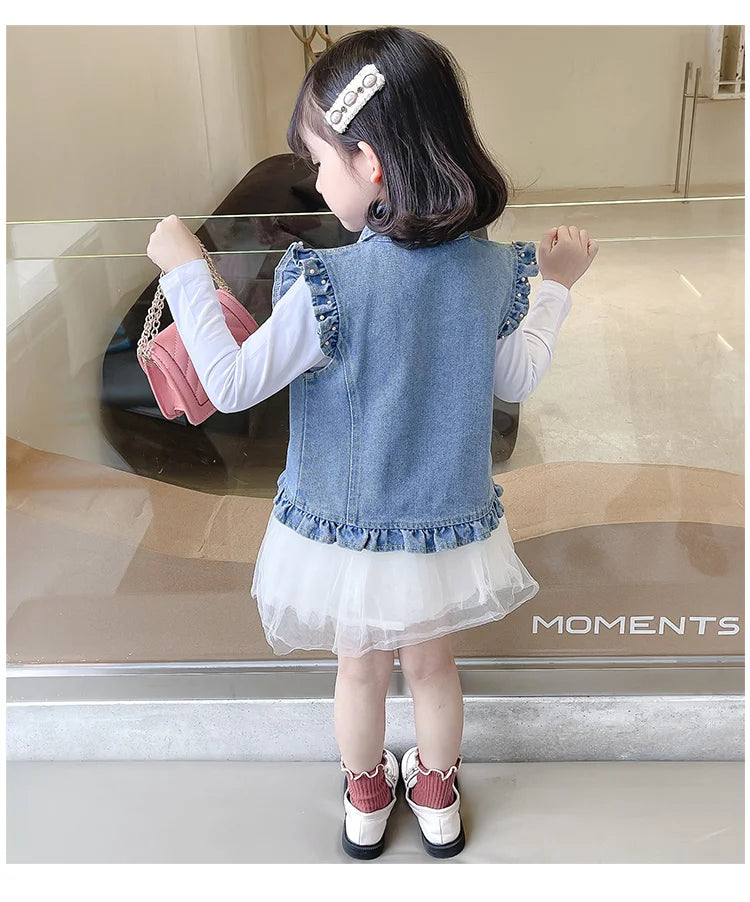 New Fashion Kids Children's Denim Vest with Bow and Pearl for Toddler Girls Denim Waistcoat Baby Lovely Style Sleeveless Jacket