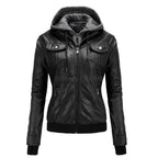 Veste femme style moto en simili-cuir – Capuche amovible