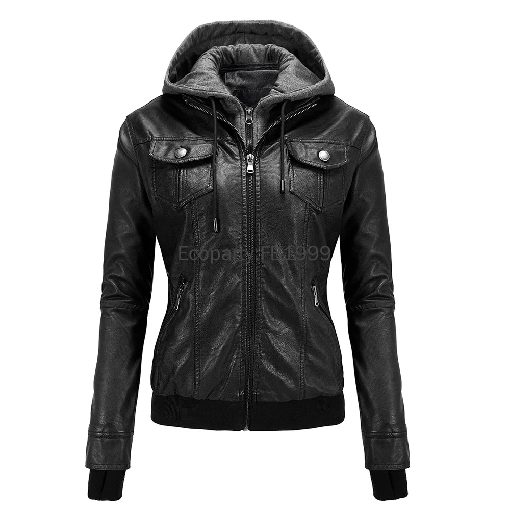 Veste Moto Femme Cuir PU – Capuche Amovible Slim Noir Streetwear