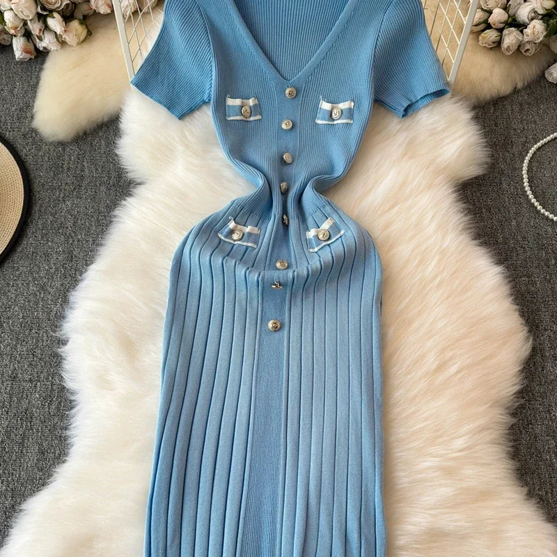 Elegant Knitted Long Dress Women Summer V Neck Single Breatsed Short Sleelve Bodycon Dresses Fashion Party Office Lady Vestidos