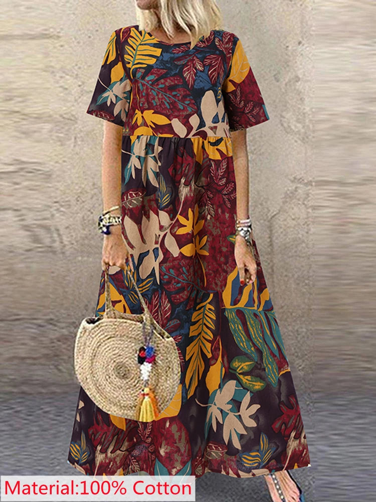 2025 ZANZEA Bohemian Holiday Sundress Summer Women Vintage Floral Printed Short Sleeve Beach Dress Loose Long Vestido Robe Femme