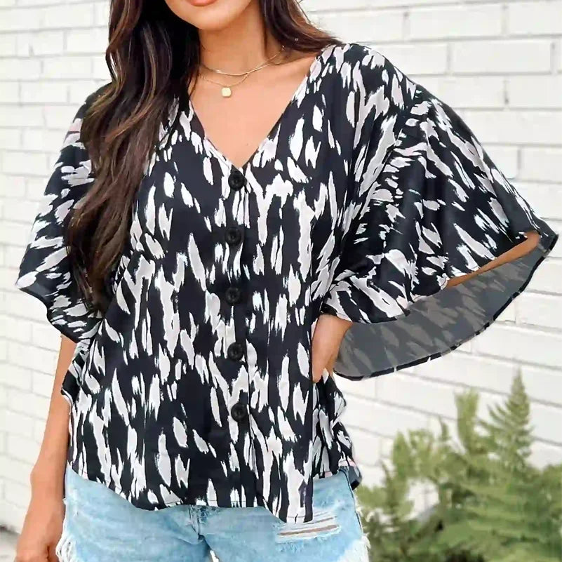 Plus Size Women's Shirt, Spotted Printed Cardigan Button V Neck Top. Casual and Fashionable Summer Clothing