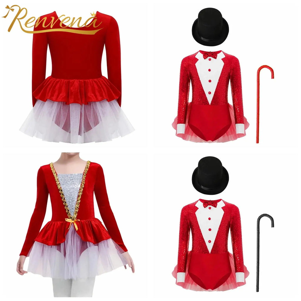 Kids Girls Majorette Leotards Showman Jazz Dance Costume Magician Outfit Tuxedos Bodysuit with Hat And Crutch Sequins Leotard