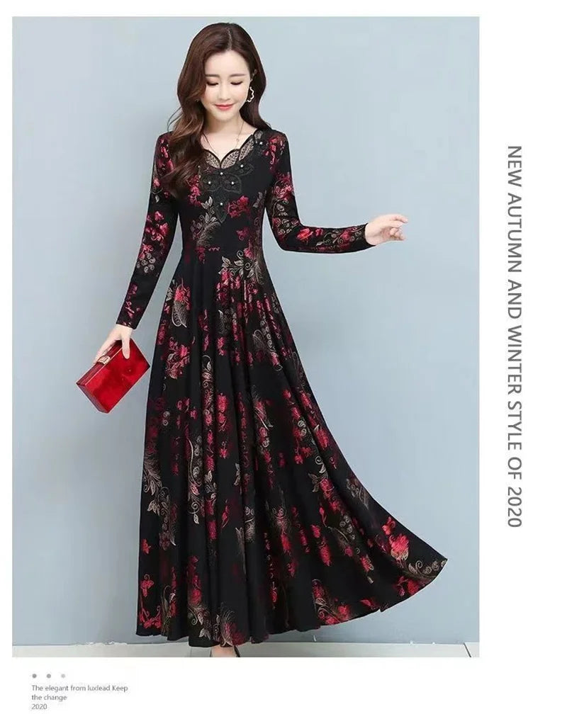 Spring Autumn New Women Dress Elegant Temperament Long A-Line Dress High End Fashion Lace Printed Beading Dresses Vestidos Mujer