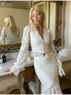 Elegant Solid Lace Ruffles Maxi Skirt Set Women Vintage Single Breasted Flared Sleeve V-neck Slim Blouse Suit Lady Party Outfits