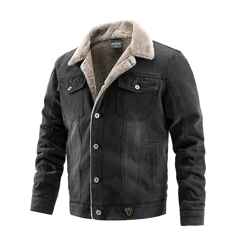 2026 Men's Vintage Denim Jacket Autumn Winter New Thicked Plush Liner Warm Loose Casual Lapel Neck Coat Male Fashion Jean Parkas