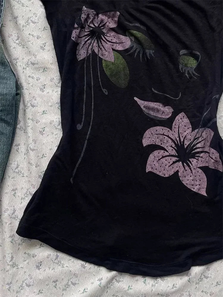 Sexy Punk Vintage Women Clothes Y2k Summer 90s Gothic Flower Casual Gaphic T Shirts Femme Short sleeve Streetwear Slim Tops Tees
