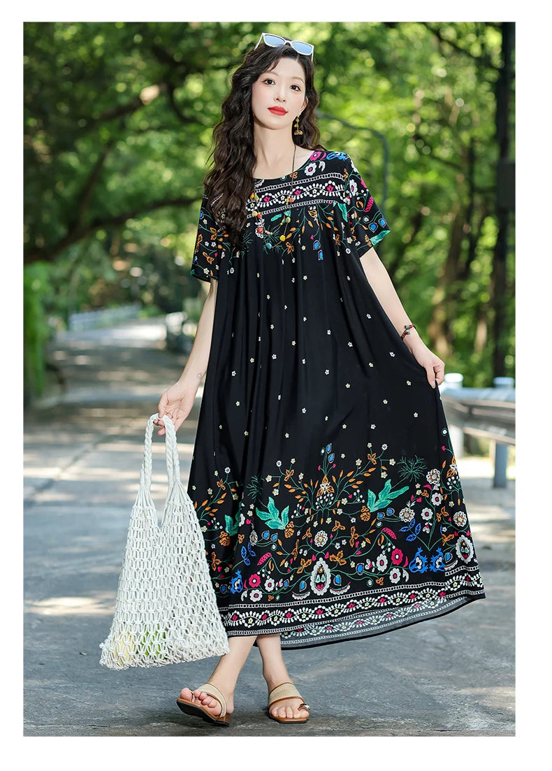 New Fashion Hot Summer Dresses For Women 2025 Casual Flower Print Floral Short Sleeve Dress Vintage Dress Loose Women Clothing