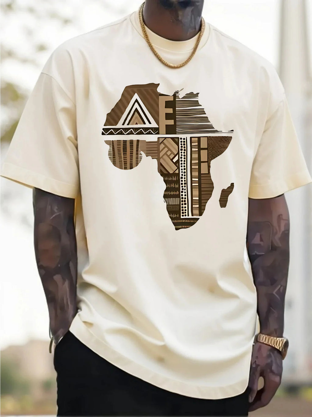 Men'S Plus Size White T-Shirt with Africa-Inspired Golden Print -  Comfort Fit Lightweight Breathable
