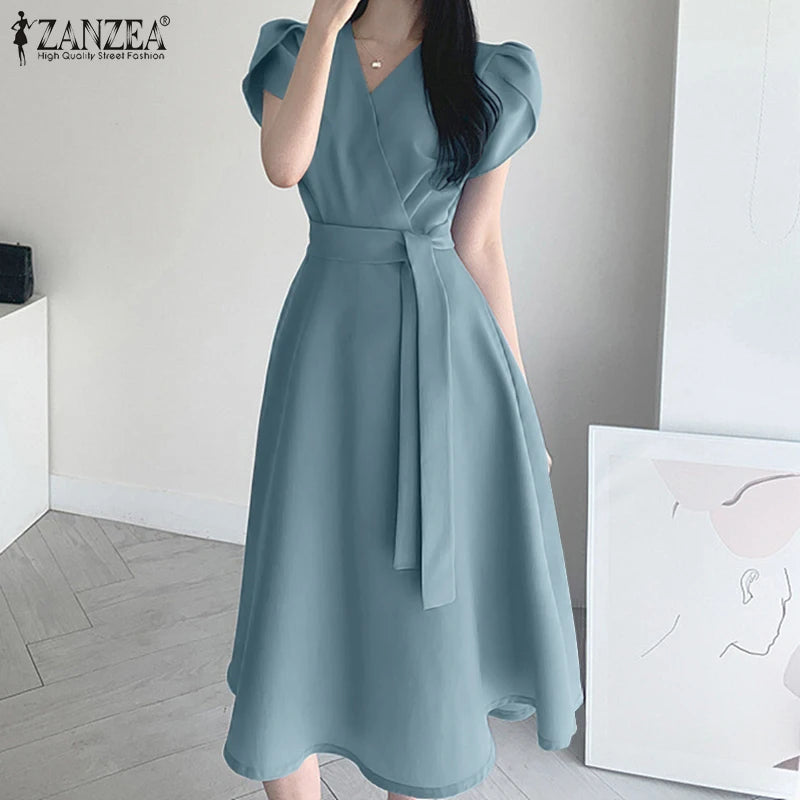 Women Fashion OL Work Sundress ZANZEA Elegant Summer Short Sleeve Dress Casual Solid A Line Vestido Kaftan Sarafans Robe Femme