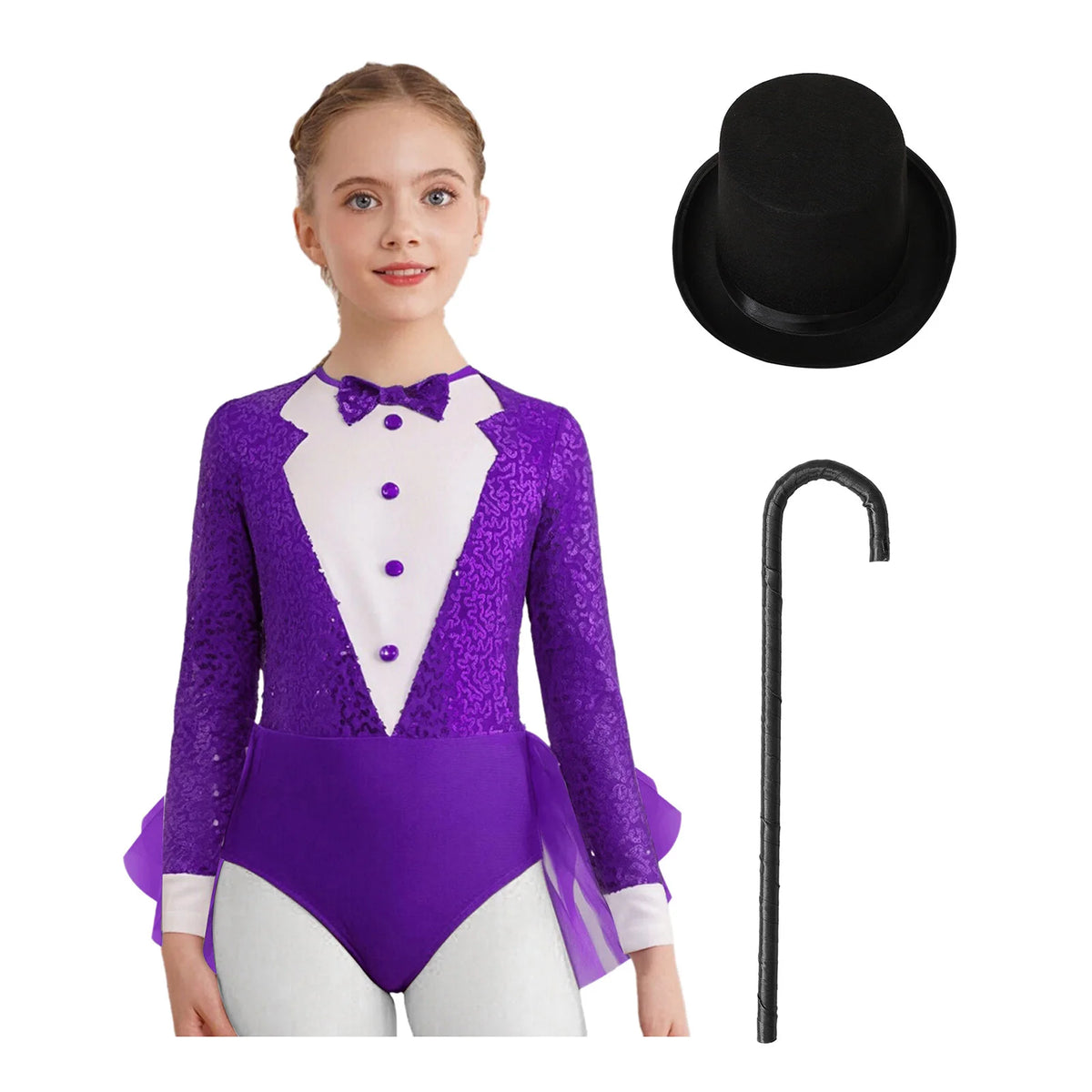 Kids Girls Majorette Leotards Showman Jazz Dance Costume Magician Outfit Tuxedos Bodysuit with Hat And Crutch Sequins Leotard