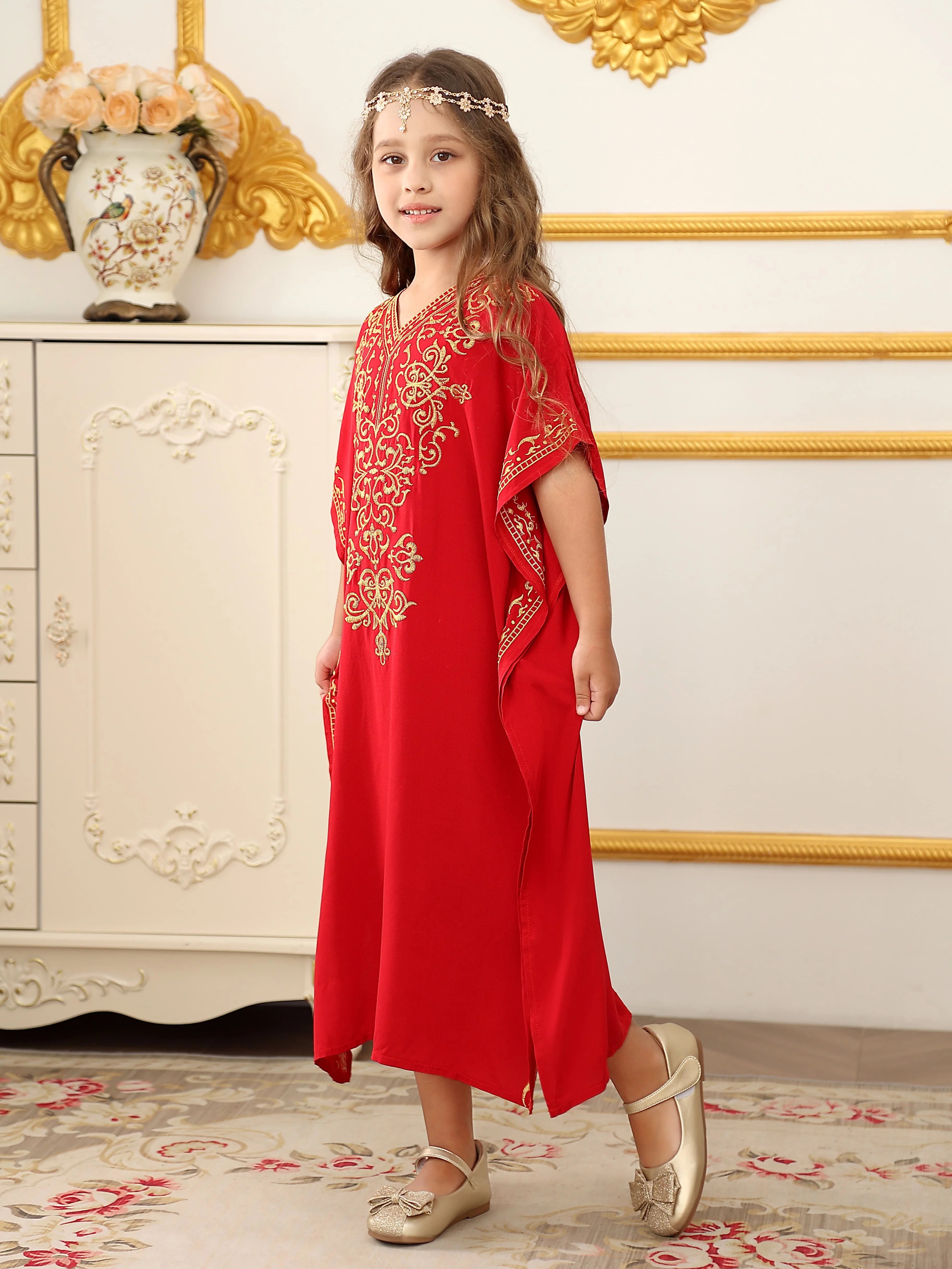 Children's Moroccan Robe Dress Girls Loose Casual Robe Embroidered Blouse Home Robe