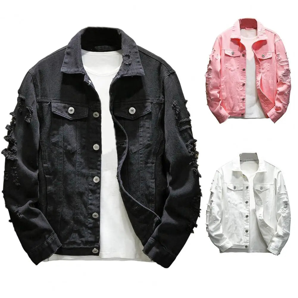 Veste Jean Homme Troue – Manteau Denim Ample Col Revers Streetwear Automne Hiver
