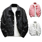 Veste Jean Homme Troue – Manteau Denim Ample Col Revers Streetwear Automne Hiver